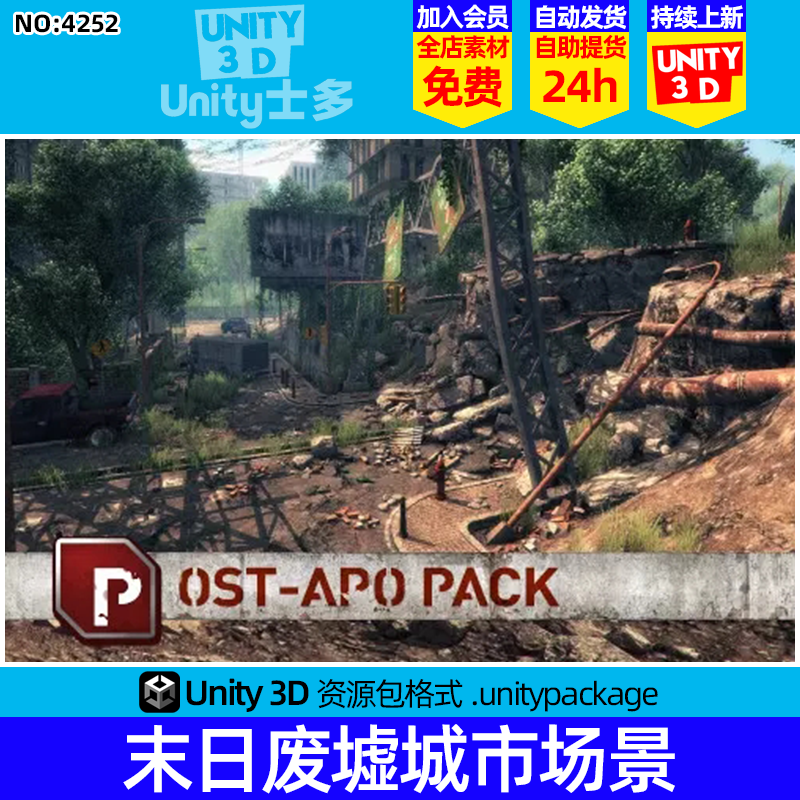 Unity3D世界末日破损建筑街道U3D城市废墟场景模型POST APO PACK