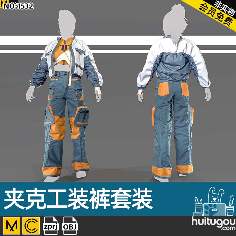 MD Clo3D休闲工装套装夹克背心外套裤子zprj服装打版素材OBJ模型