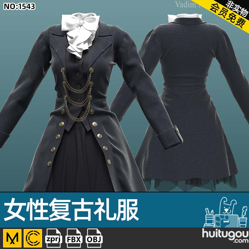 MD Clo3D女性复古连衣裙爵士礼服zprj服装打版源文件 FBX模型OBJ