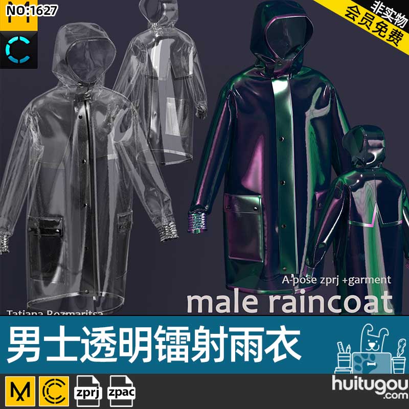 MD CLO3D男士透明镭射雨衣风衣外套街头潮装zprj服饰打版设计素材