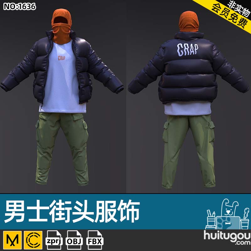 Marvelous街头男装土匪头套羽绒服套装MD模型CLO3D服装打版源文件