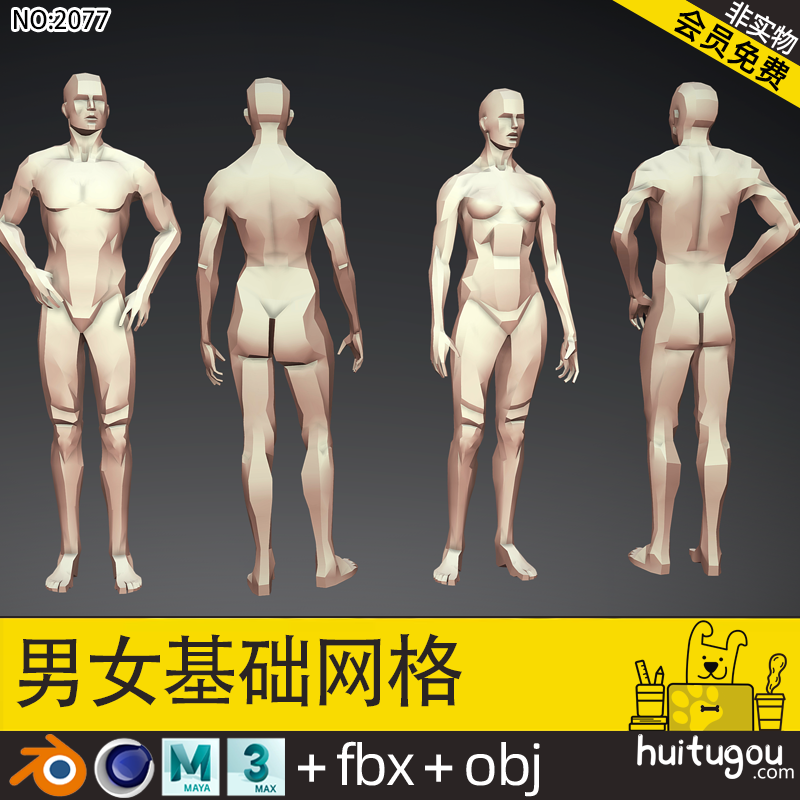 Blender低面男女人物角色基础网格MAX模型FBX格式OBJ白模建模雕刻