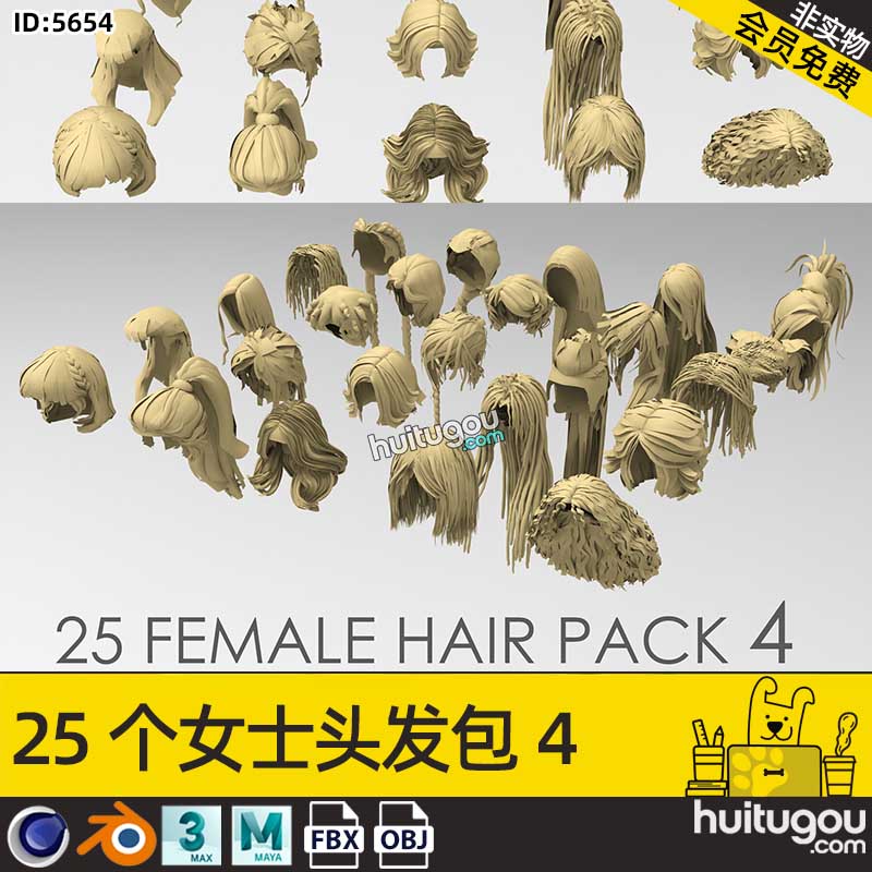 MAX女性角色发型头发模块3D白模基础模型素材FBX格式OBJ源文件FBX