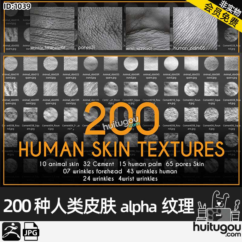 ZBrush人物角色人体皮肤纹理Alpha笔刷-200 Human Skin Textures