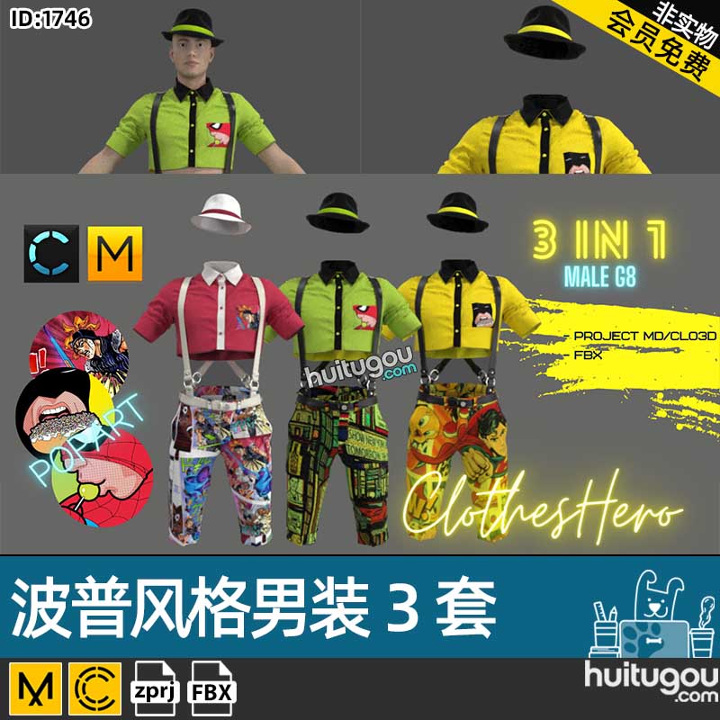 MD服装纸样CLO3D波普华丽风格男装衬衫短裤ZPRJ衣服工程源文件FBX
