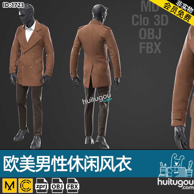 CLO3D衣服素材MD欧美男装休闲风衣大衣套装ZPRJ格式服装打版工程
