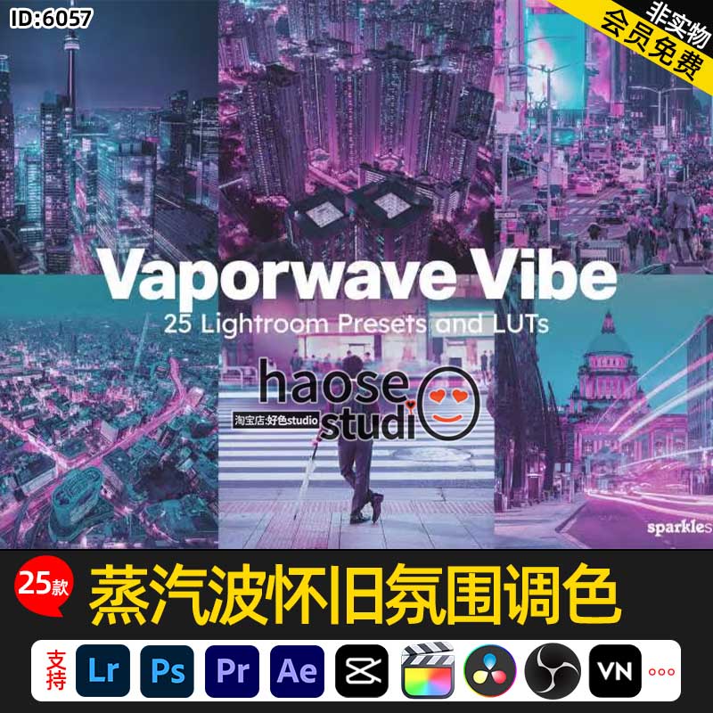 lr ps预设夜景旅拍视频LUT蒸汽波怀旧氛围调色25款Vaporwave Vibe