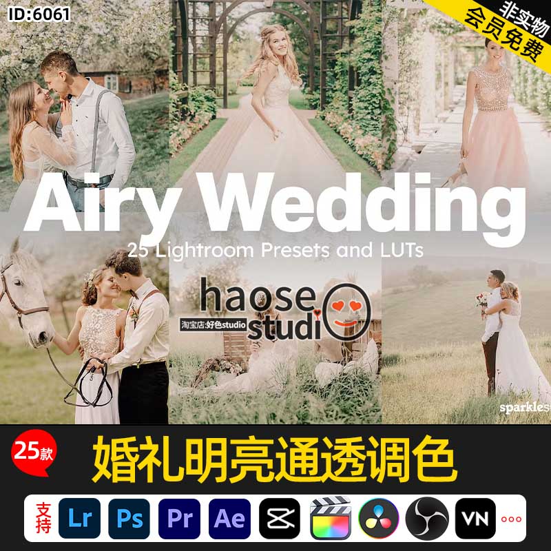 lr预设PS照片调色视频LUT婚礼婚纱明亮通透调色25款Airy Wedding