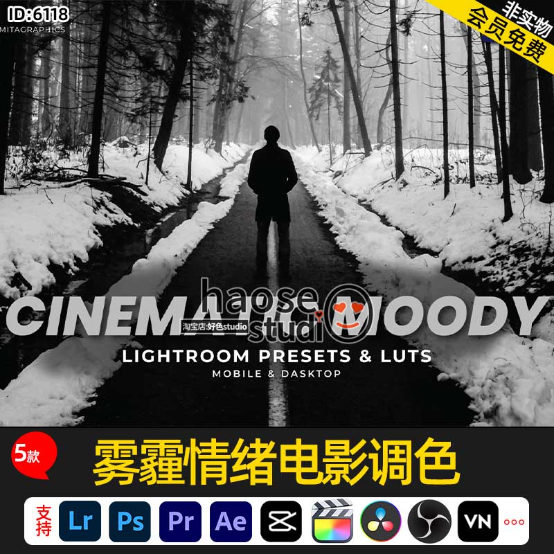 Lr预设PS调色LUT达芬奇pr ae雾霾情绪电影调色5款Cinematic Moody