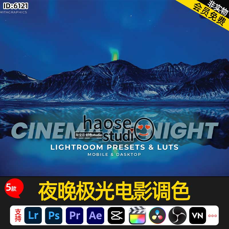 Lr预设PS滤镜LUT调色pr夜晚极光电影胶片调色5款Cinematic Night