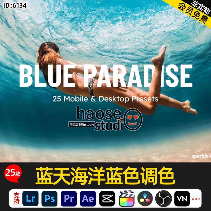 Lr预设PS滤镜LUT调色达芬奇VN蓝天海洋蓝色调色25款Blue Paradise