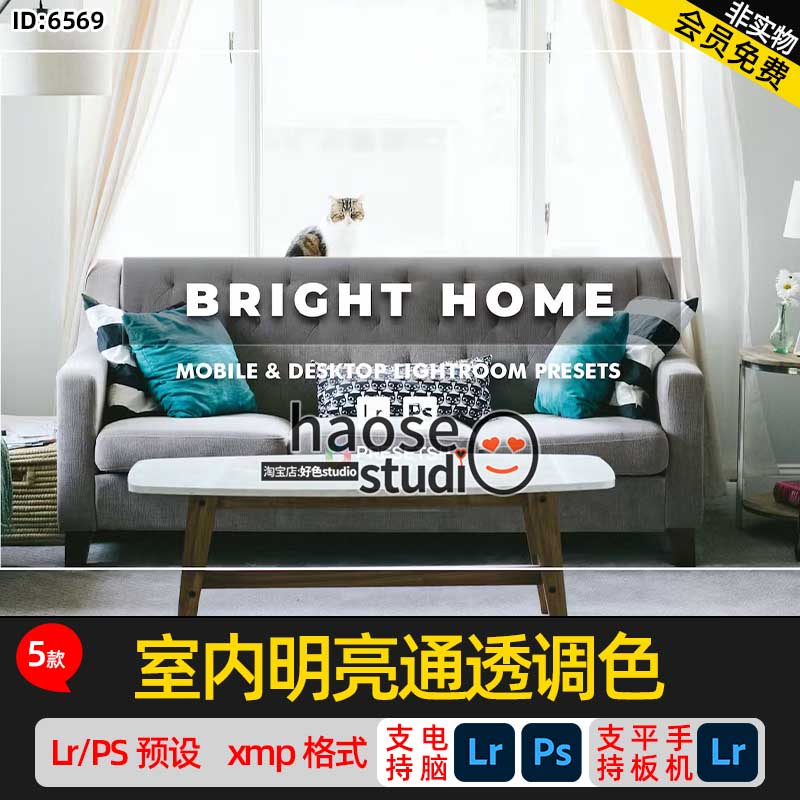 Lr预设PS滤镜调色lightroom预设室内明亮通透调色5款bright home