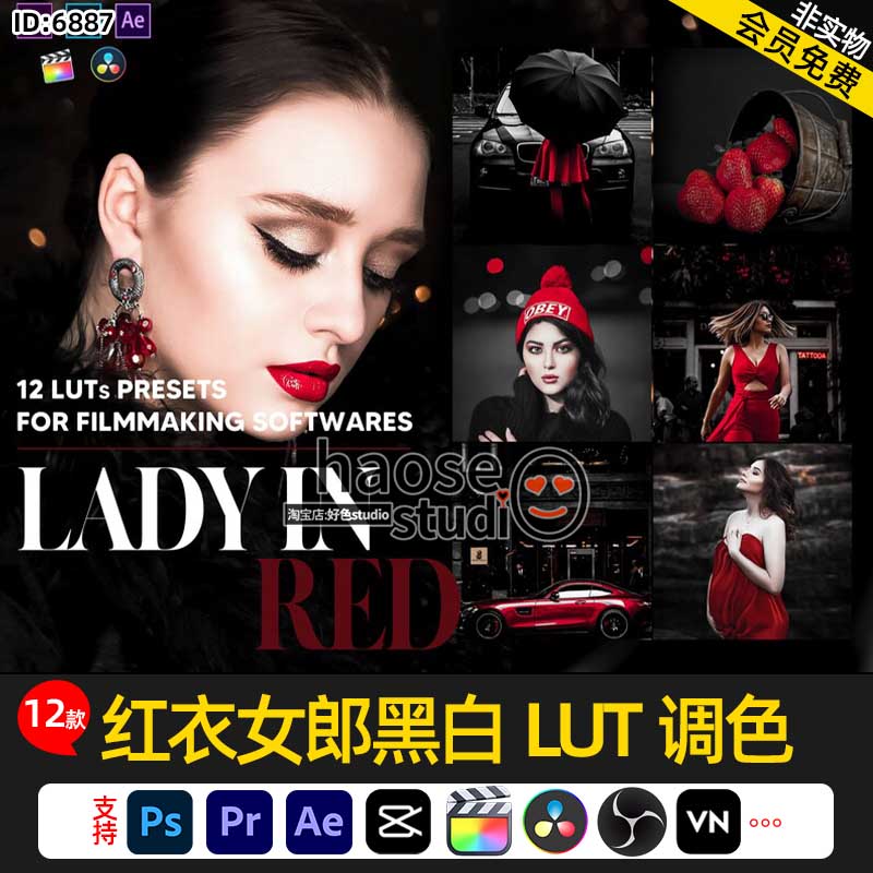  Pr剪映达芬奇FCPX调色LUT预设红衣女郎黑白LUT调色12款moody xmas