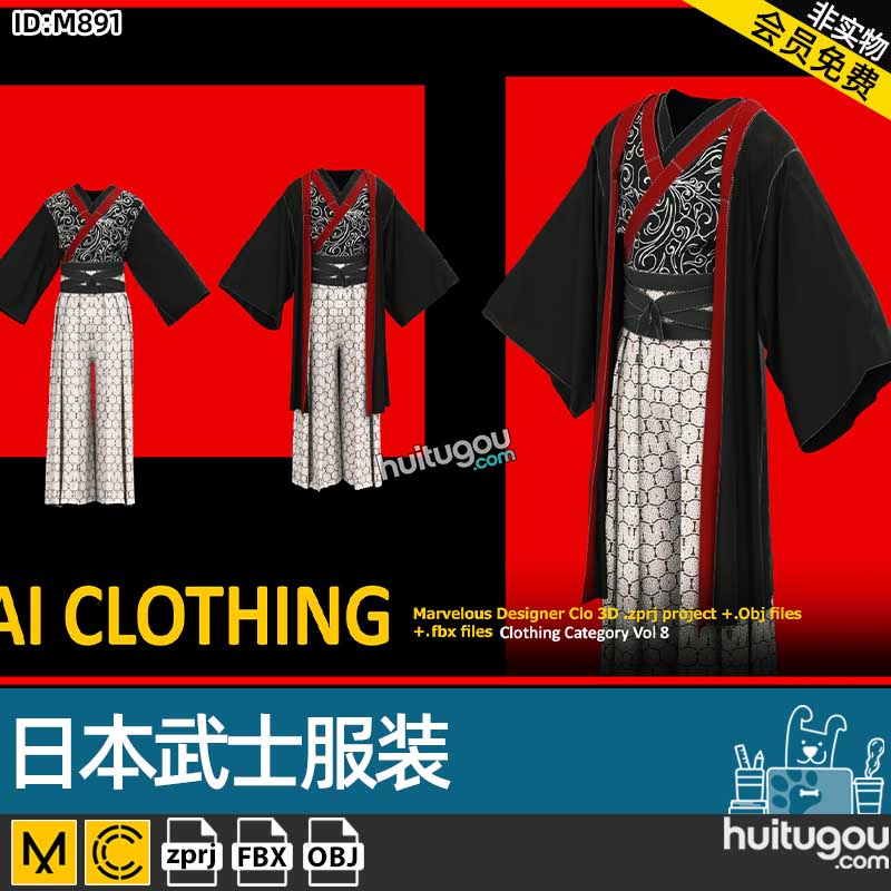 MD衣服素材CLO3D亚洲日本武士ZPRJ服装设计打版纸样项目工程文件