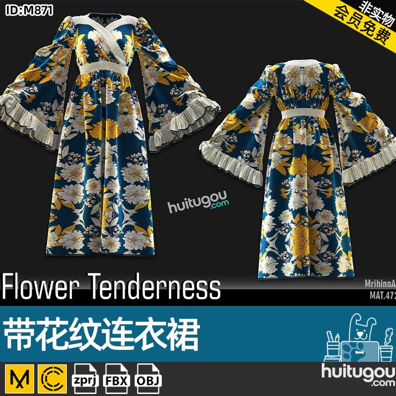 MD衣服素材CLO复古裙子碎花连衣裙带花纹古装连衣裙ZPRJ服装纸样