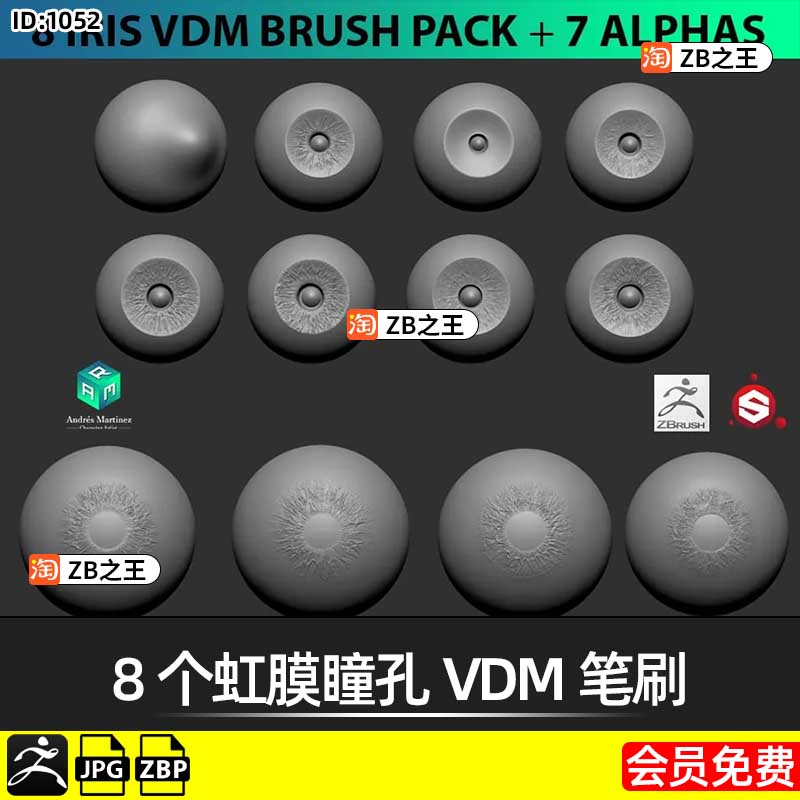 ZBrush素材ZBP格式Alpha笔刷瞳孔虹膜VDM笔刷ZB雕刻人物画笔