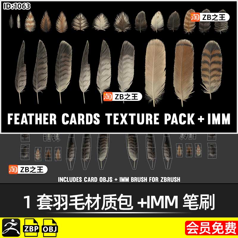 ZBrush鹰鸟类羽毛羽翼IMM笔刷zbp素材ZB雕刻翅膀毛发带PBR贴图