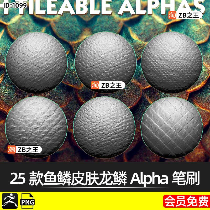 ZBrush纹理25款鱼鳞皮肤龙鳞Alpha笔刷ZB雕刻鳞片阿尔法素材