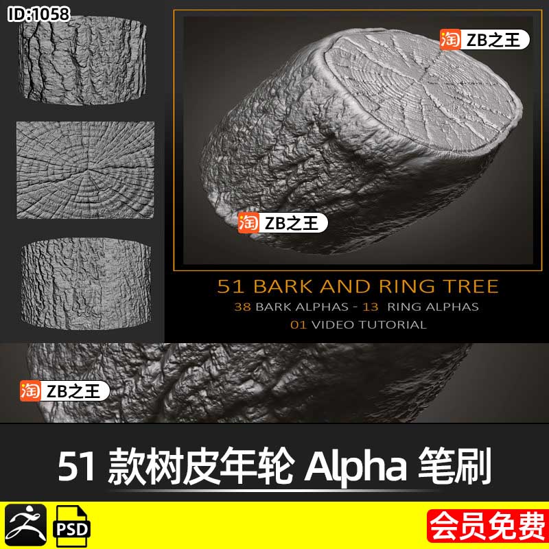 ZBrush木皮树皮年轮Alpha笔刷psd格式纹理贴图ZB树木建模雕刻素材