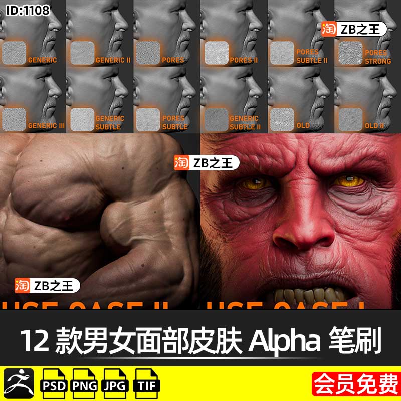 ZBrush笔刷阿尔法ZB素材12款人类男女面部皮肤毛孔Alpha笔刷PSD