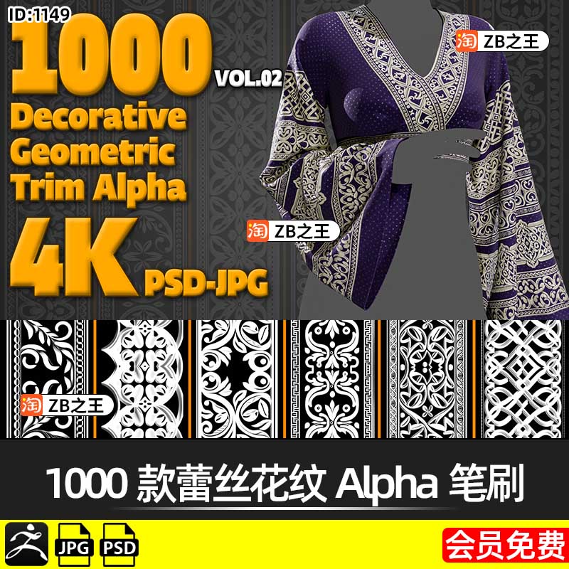 ZBrush纹理笔刷1000款织物布料蕾丝花纹Alpha贴图JPG格式PSD素材