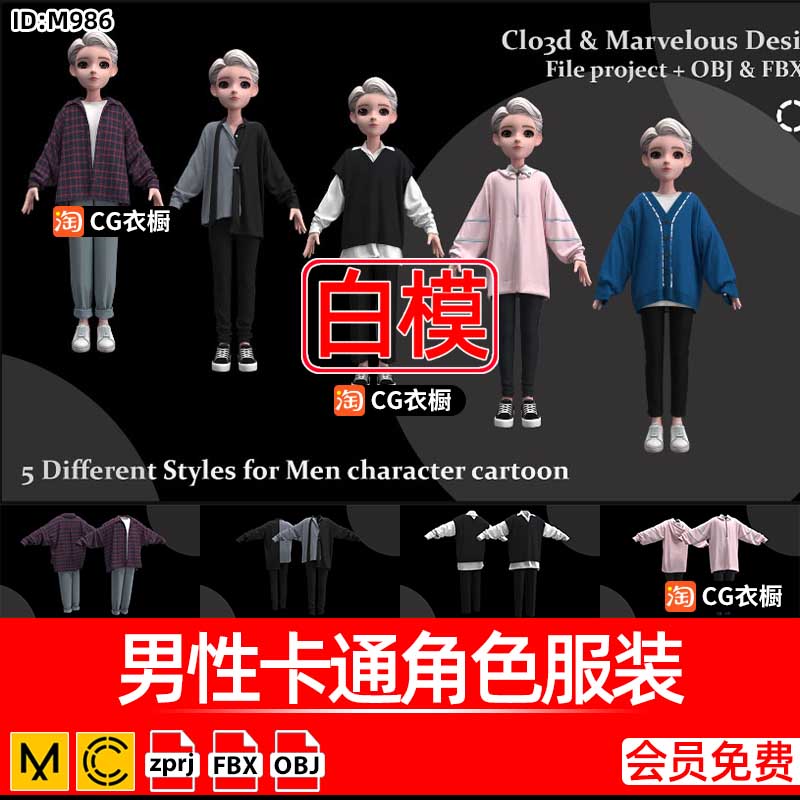 MD服装CLO3D打版素材男性卡通角色服装套装3D虚拟人物衣服纸样