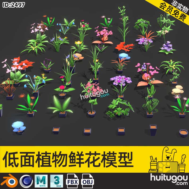 MAX盆栽花草植物3D资产MAYA模型C4D素材Blender卡通lowpoly风格