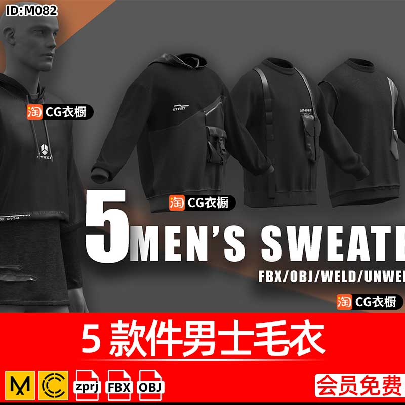 CLO3D建模素材MD服装纸样5件街头潮流男士卫衣棉衣纸样工程源文件