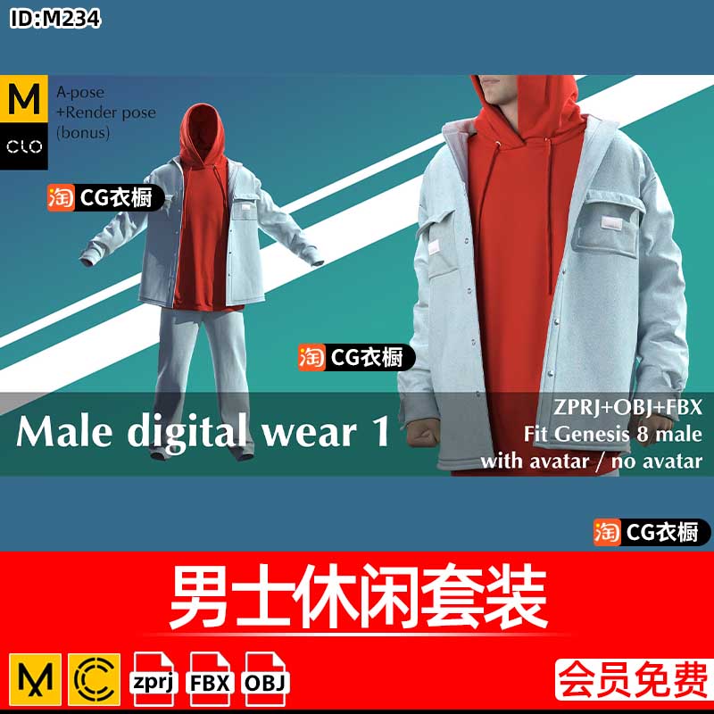 MD服装CLO3D模型男士休闲连帽衫牛仔衣套装3D纸样模型ZPRJ工程OBJ