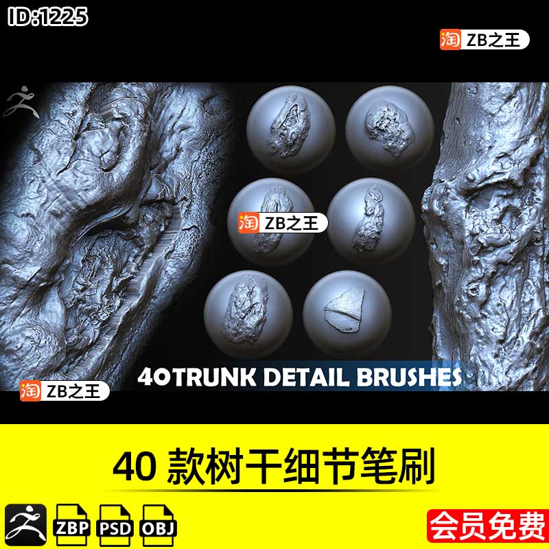 ZBrush笔刷40款树木树皮木纹树干细节ZBP笔刷alpha纹理ZB雕刻素材