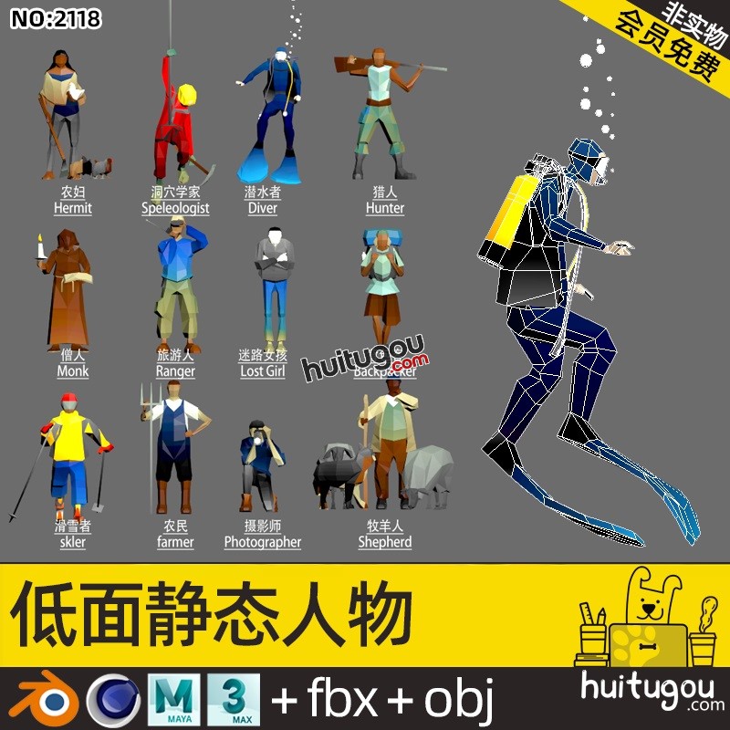 低面 人物包C4D潜水员探险农民Blend滑雪运动员摄影师旅人猎人OBJ