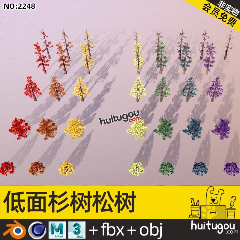 低面3D杉树松树模型C4D卡通树木MAX树林mb格式Blend素材源文件OBJ