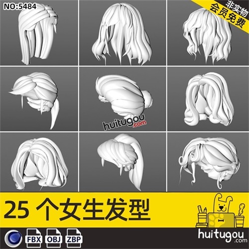 C4D女生头发3D模型基础网格FBX短发白模高模OBJ建模雕刻素材ZBP