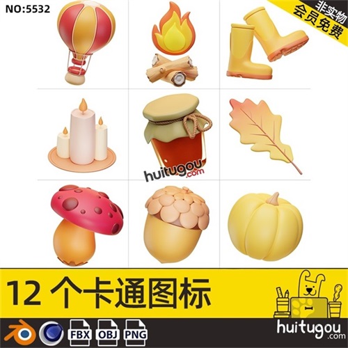 Blender蘑菇树叶热气球篝火3D立体图标C4D模型obj格式fbx 附png图