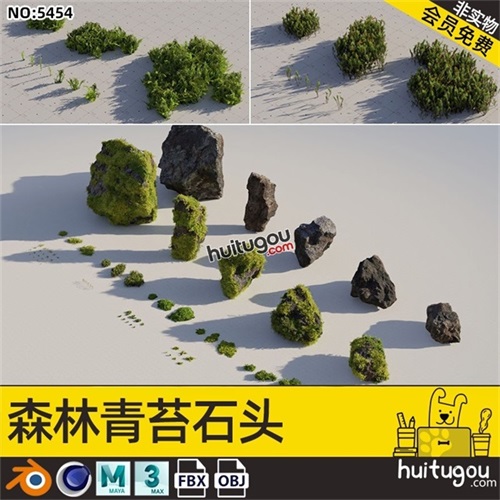 Blender写实青苔石头3D模型山岩C4D苔藓植物MAYA三维建模渲染素材