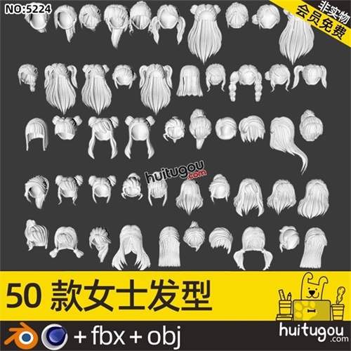 50款 女士头发模型Blender女孩短发马尾辫C4D可爱飘飘长发OBJ素材