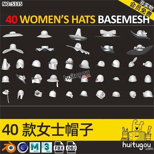 女士帽子3D模型C4D礼帽花帽装饰帽子MAYA遮阳帽Blend基础网格OBJ