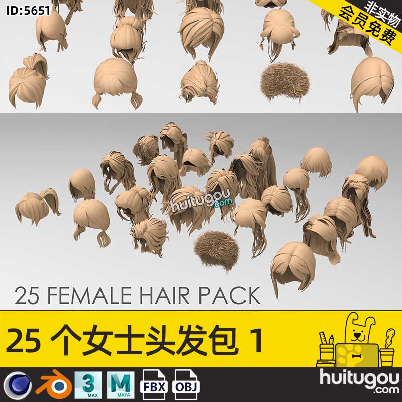 Blender卡通女孩头发毛发头型3d模型FBX格式OBJ源文件C4D建模素材