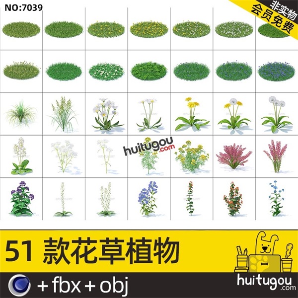 写实3D花草植物模型C4D草坪草地野花野草FBX格式OBJ设计素材文件
