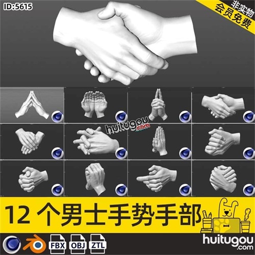 C4D男士手部手掌手势握手3D模型FBX素材OBJ格式Blend建模ZTL雕刻