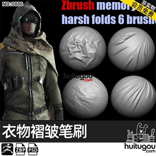 Zbrush衣服织物布料皮革褶皱折痕挤压zbp笔刷Alpha纹理ZB雕刻素材