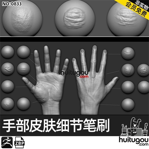 Zbrush手部皮肤细节手掌手心纹理笔刷zbp画笔ZB建模雕刻塑性素材