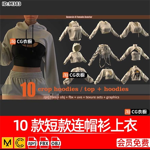 MD/CLO3D工程10款短款连帽衫女装上衣卫衣棉衣ZPRJ纸样模型3D素材