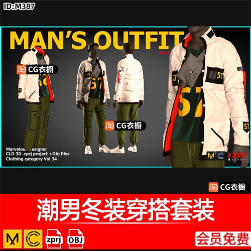 MD/CLO3D服装工程潮男冬装穿搭套装长裤外套ZPRJ纸样模型3D素材