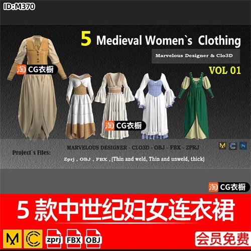 MD/CLO纸样模型5款中世纪妇女连衣裙子ZPRJ工程源文件3D素材OBJ