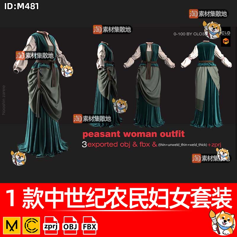 MD中世纪农民妇女套装CLO连衣裙服饰ZPRJ模型打版源文件3D服装OBJ
