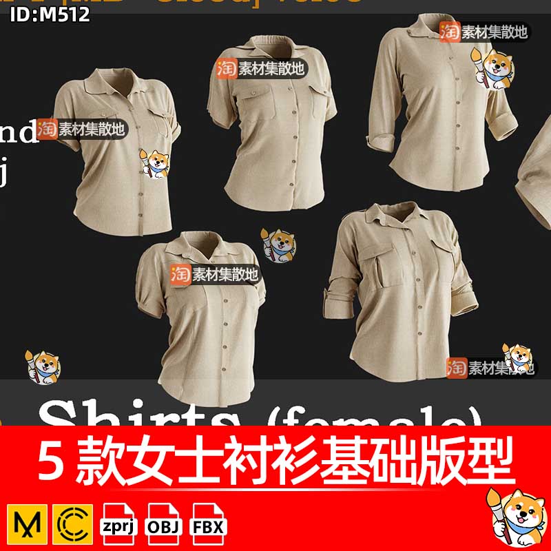5款女士衬衫基础版型clo3d服装短袖上衣衬衣ZPRJ模型打版文件OBJ