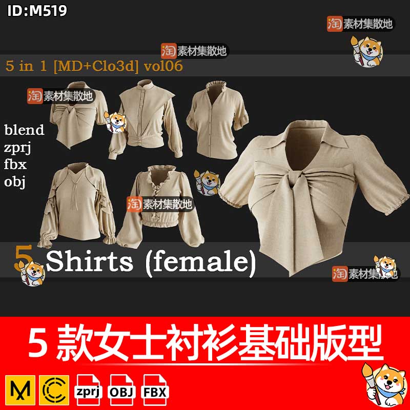 5款女士衬衫基础版型clo3d服装长袖上衣短袖衬衣ZPRJ模型打版文件
