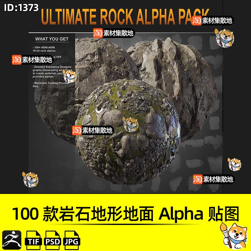 ZBrush阿尔法纹理100款岩石地形石头表面Alpha贴图jpg/psd/tif