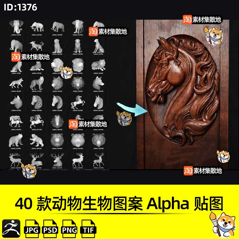 ZBrush阿尔法纹理40款动物生物图案Alpha贴图灰度图高度贴图png